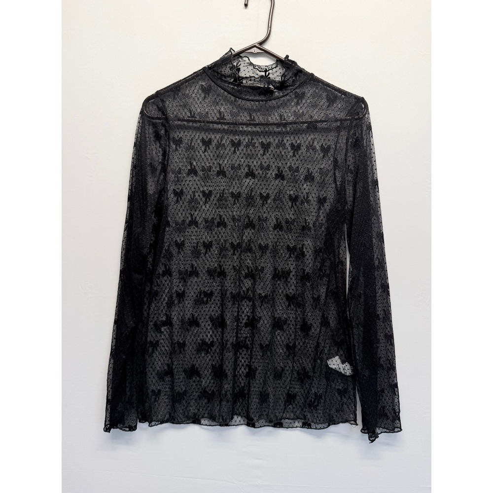 Jade By Jane Blouse Sheer Mesh‎ Bow Print Large Black Women Goth Witchy